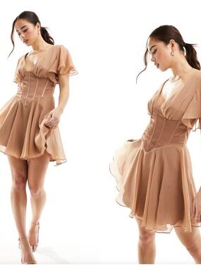 Women's ASOS Design Flutter Sleeve Skater Mini Mocha Dress W/satin Corset - 6